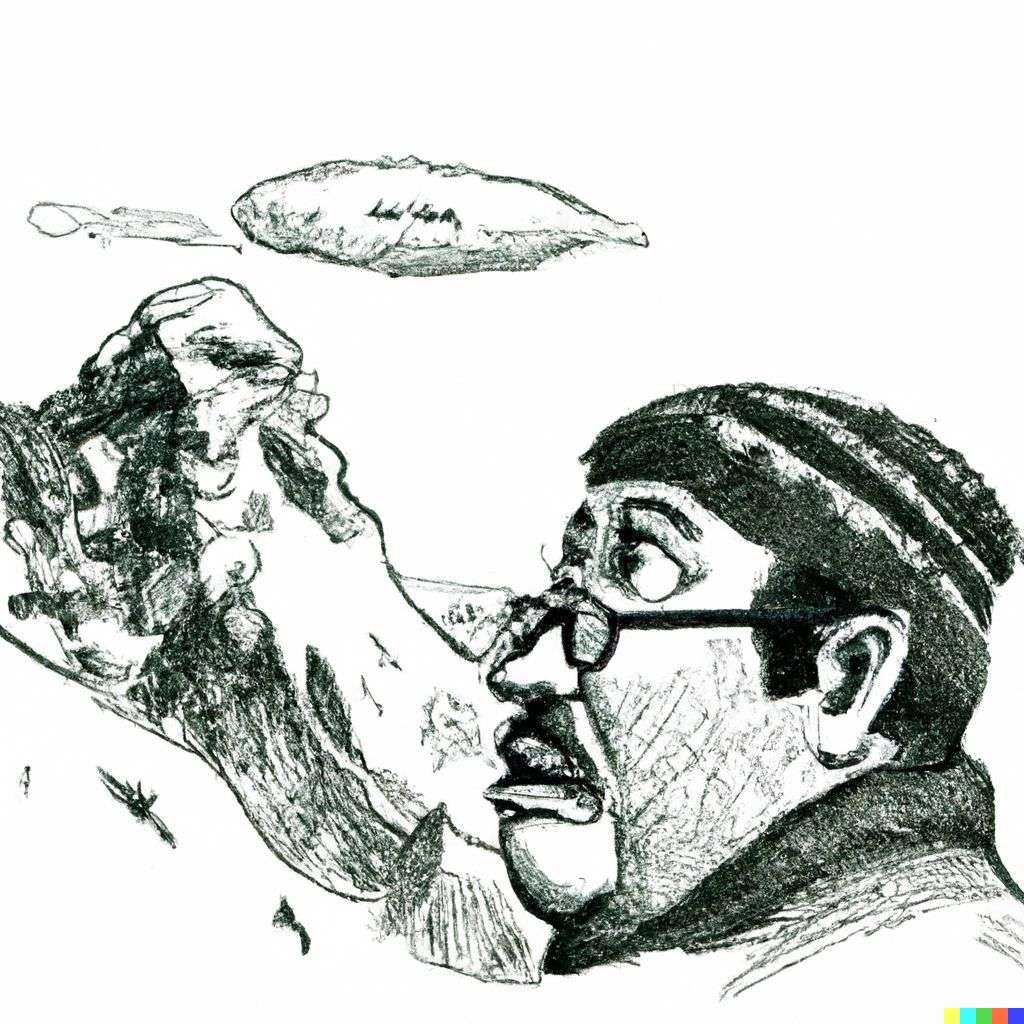 someone gazing at Mount Everest, pen and ink caricature